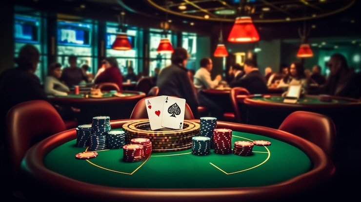 Dealer live casino profesional memandu permainan dengan latar belakang studio signifikan